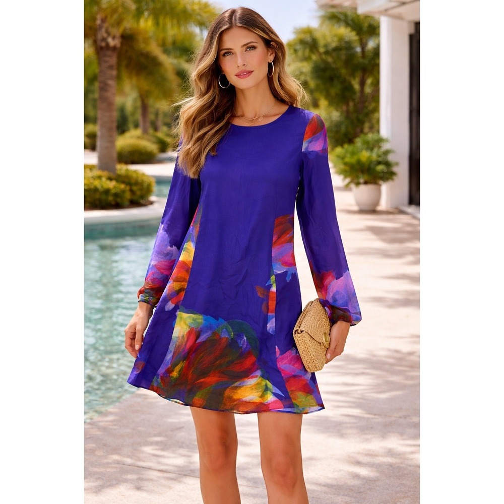 Leifsdottir Royal Blue Abstract Floral Print Silk‎ Dress XS